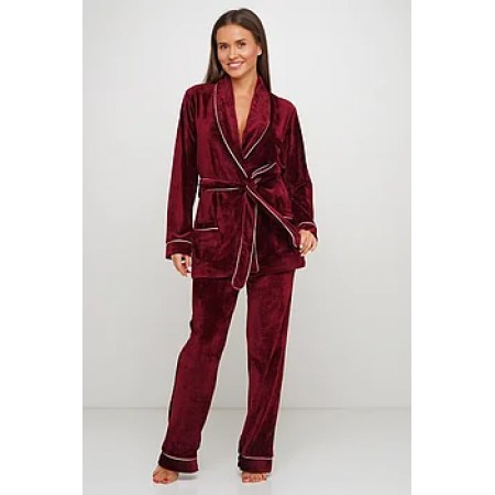 Женский бархатный тёплый костю пиджак, штаны 008 бордовый