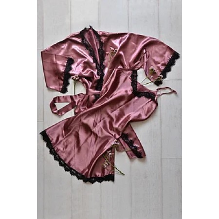 Женский атласный комплект пеньюар с халатом 007 сиренево-розовый