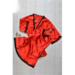 Женский атласный комплект пеньюар с халатом 007 красный