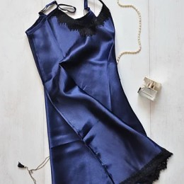 Женский атласный комплект пеньюар с халатом 007 т-синий