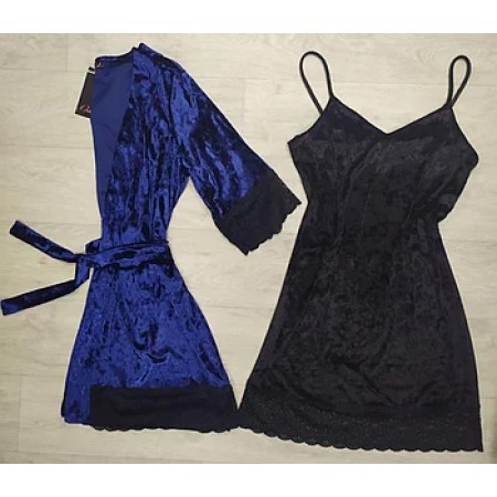 Женский бархатный комплект пеньюар халат 070-076 синий-черный