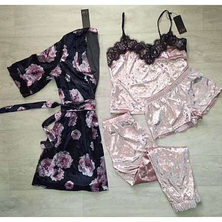 Женский комплект с халатом для сна 094-090 черный-розовый