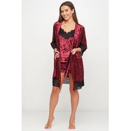 Женский велюровый халат с французским кружевом 070 бордо