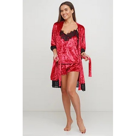 Женский велюровый халат с французским кружевом 070 красный