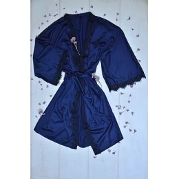 Женский халат с поясом и кружевом 001 т-синий
