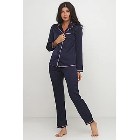 Женский комплект брючная шелковая пижама 028 чернильно-синий