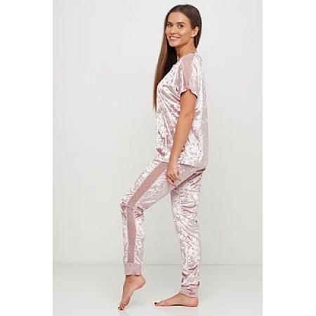 Женский комплект бархатная пижама футболка и штаны 019 нежно-розовый