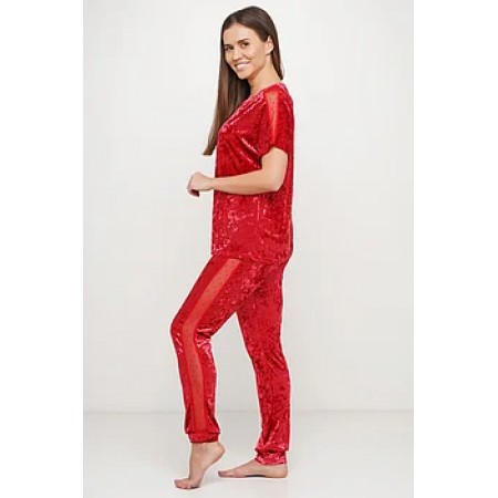 Женский комплект бархатная пижама футболка и штаны 019 красный