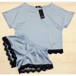 Женская шелковая пижама майка шорты 041 темно голубой
