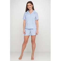 Женская хлопковая пижама шорты рубашка 043 голубая клетка