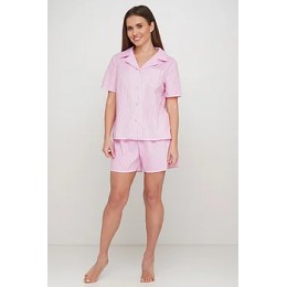 Женская хлопковая пижама шорты рубашка 043 розовая полоска