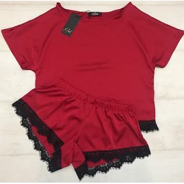 Женская шелковая пижама майка шорты 041 красный